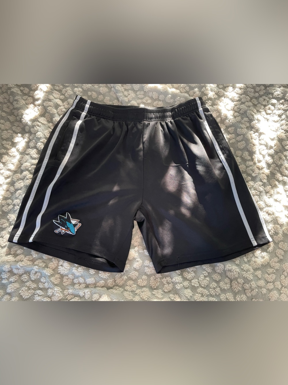 Black Athletic NHL San Jose Sharks Shorts with White Piping and Team Patch